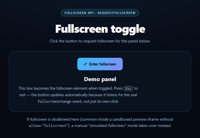 Screenshot of the Fullscreen API Toggle Button snippet rendered live