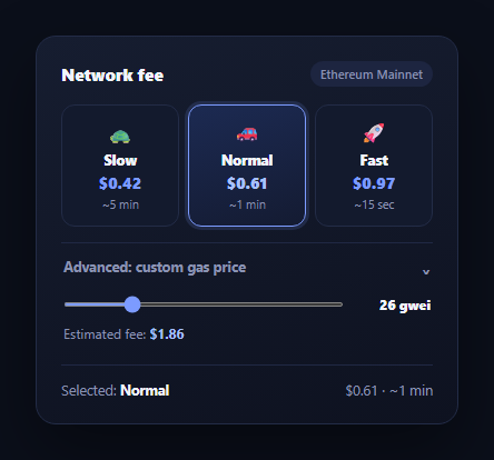 Screenshot of the Gas Fee Estimator snippet rendered live