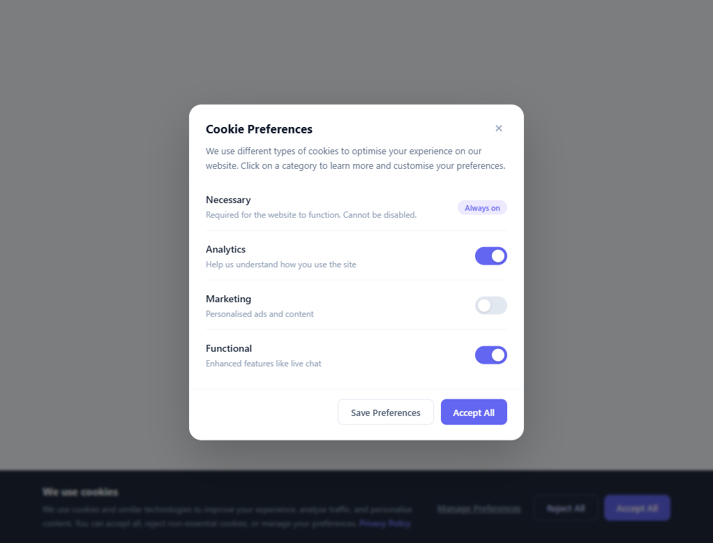 Screenshot of the GDPR Consent Manager snippet rendered live