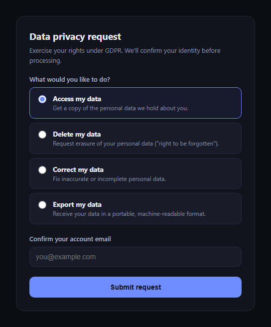 Screenshot of the GDPR Data Request Form snippet rendered live