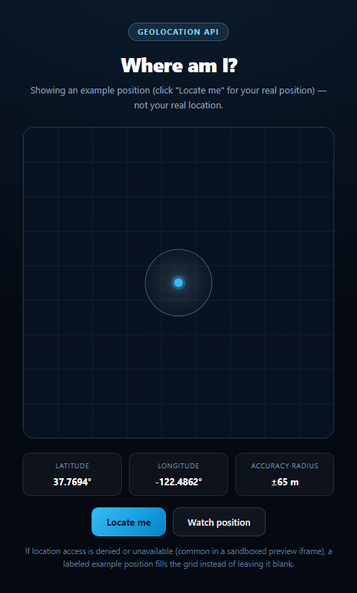 Screenshot of the Geolocation Accuracy Indicator snippet rendered live