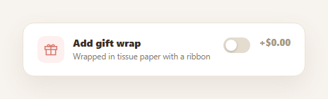 Screenshot of the Gift Wrap Option Card snippet rendered live