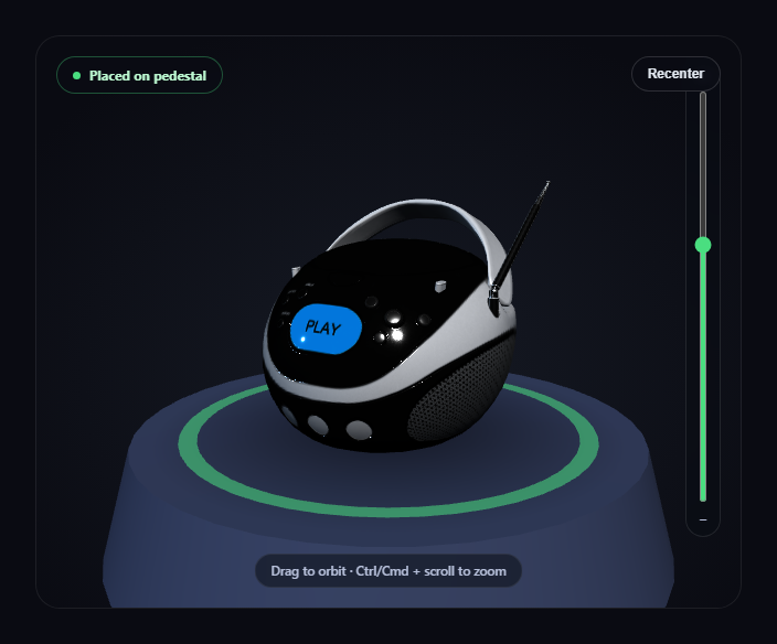 Screenshot of the GLB AR-Style Pedestal Viewer snippet rendered live