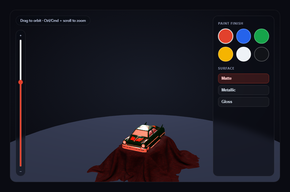 Screenshot of the GLB Product Color Configurator snippet rendered live