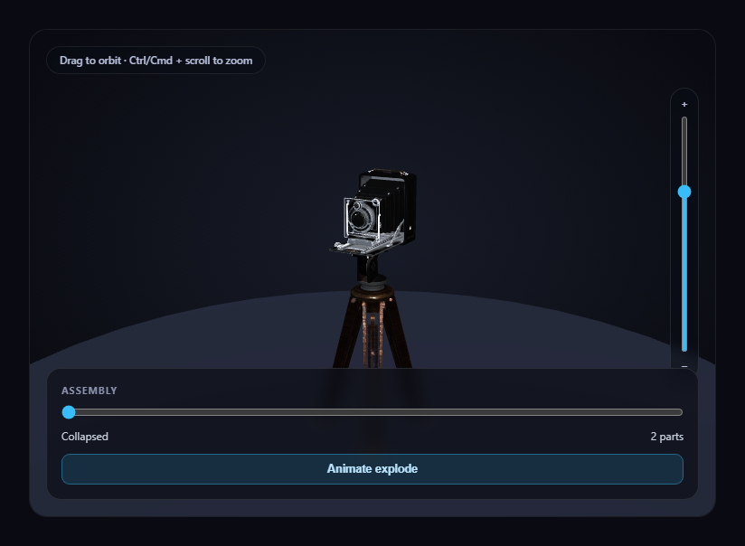 Screenshot of the GLB Exploded View Assembly Toggle snippet rendered live
