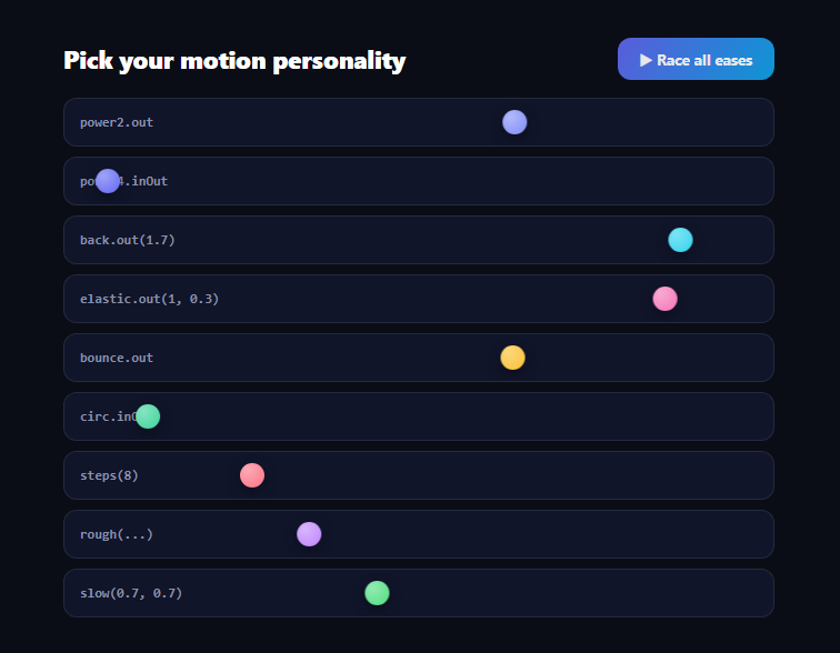 Screenshot of the GSAP Ease Gallery snippet rendered live