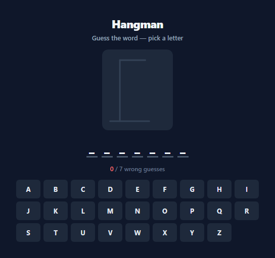 Screenshot of the Hangman Word Guessing Game snippet rendered live