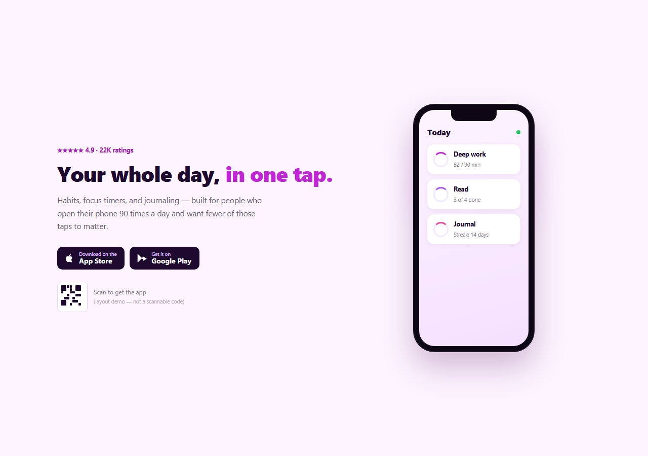 Screenshot of the App Hero with Phone Mockup and Store Badges snippet rendered live