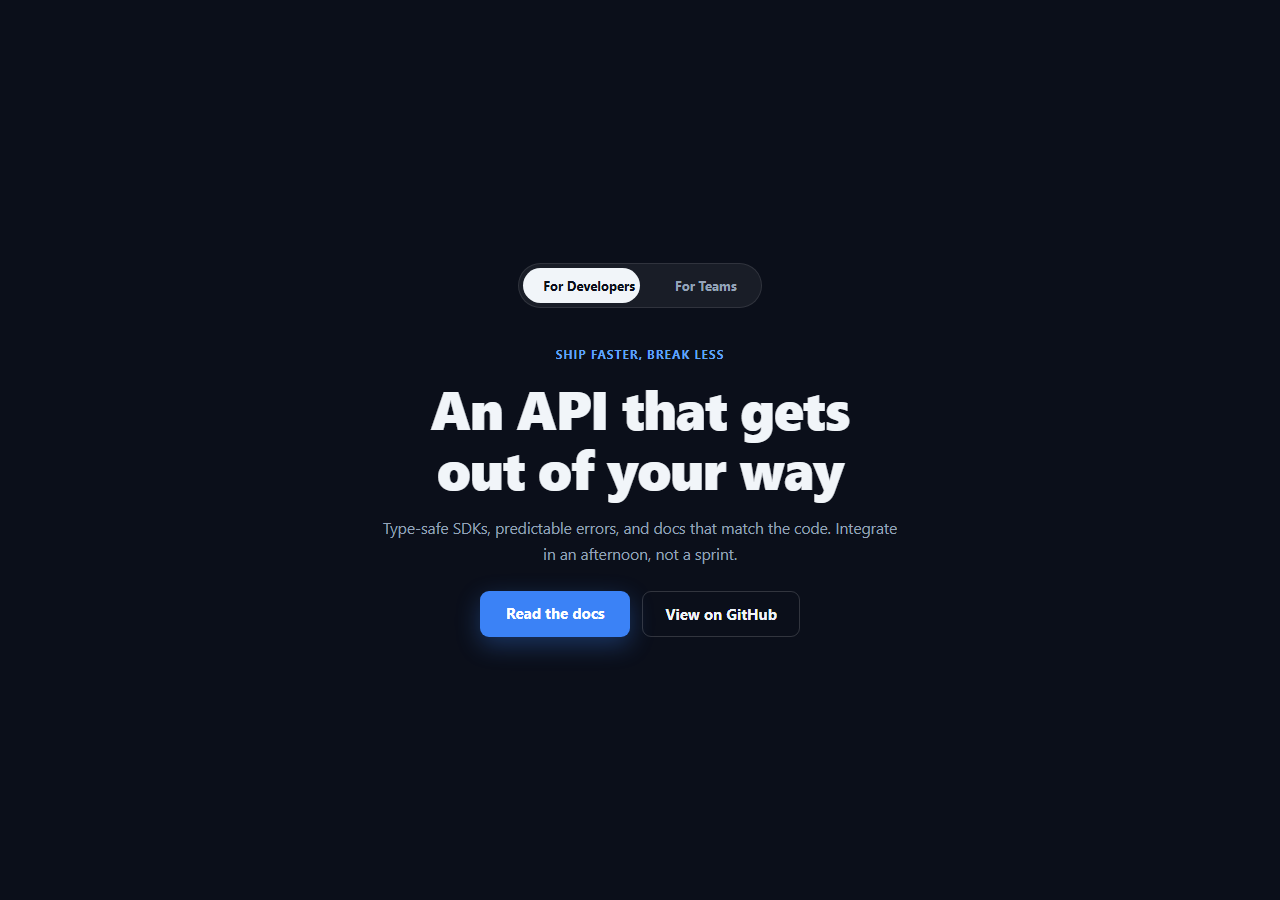 Screenshot of the Hero with Audience Toggle Switcher snippet rendered live