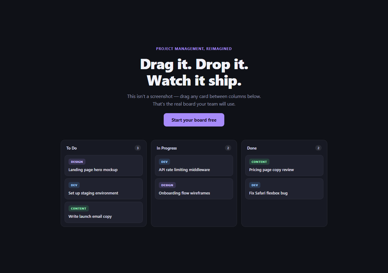 Screenshot of the Hero with Draggable Kanban Board Preview snippet rendered live