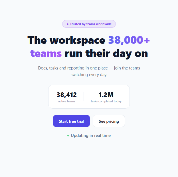 Screenshot of the Hero with Live Ticking User Counter snippet rendered live