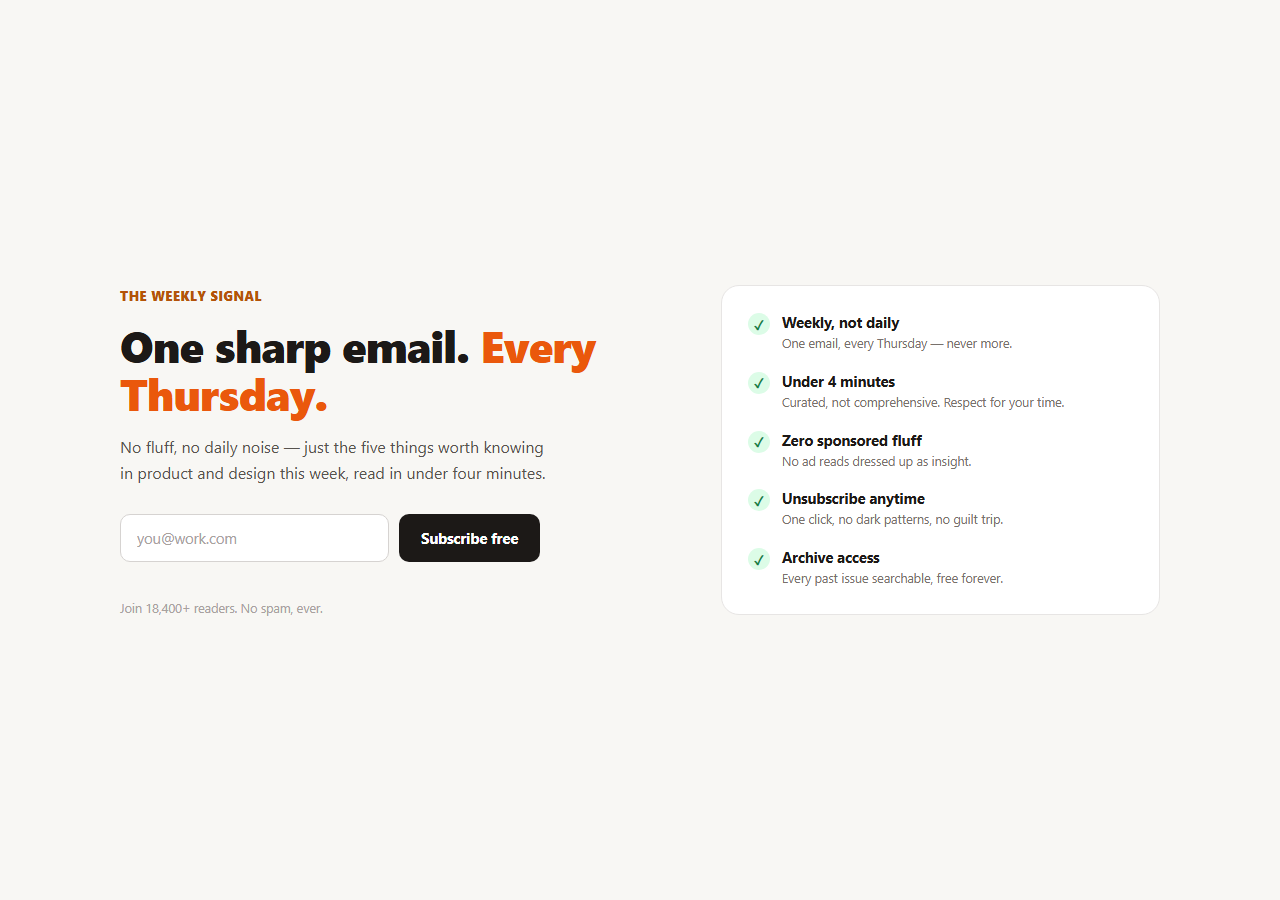 Screenshot of the Newsletter Hero with Benefit Checklist snippet rendered live