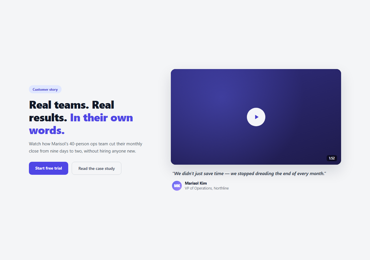 Screenshot of the Hero with Video Testimonial Player snippet rendered live