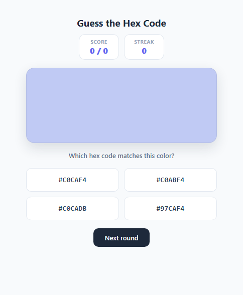 Screenshot of the Guess the Hex Color Code Game snippet rendered live