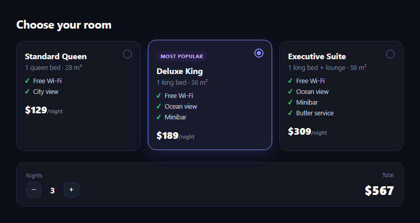 Screenshot of the Hotel Room Type Picker snippet rendered live