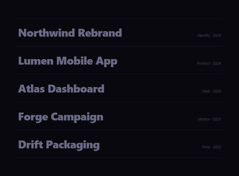 Screenshot of the Hover Reveal List snippet rendered live