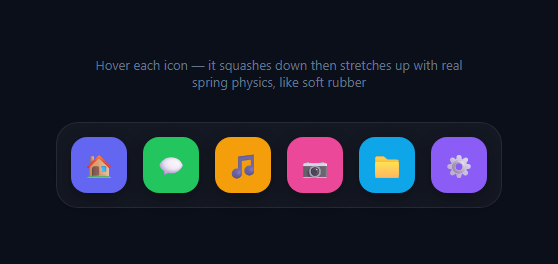 Screenshot of the Jelly Icon Dock Hover snippet rendered live