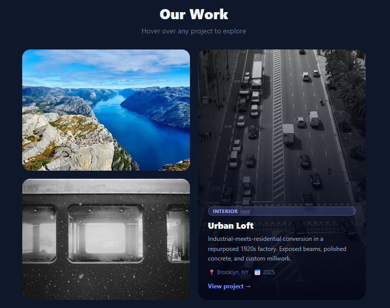Screenshot of the Image Hover Reveal Cards snippet rendered live