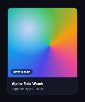 Screenshot of the Image Zoom Card snippet rendered live