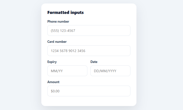 Screenshot of the Input Mask Fields snippet rendered live