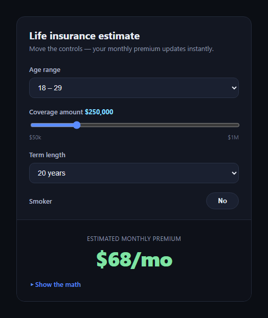 Screenshot of the Insurance Quote Calculator snippet rendered live