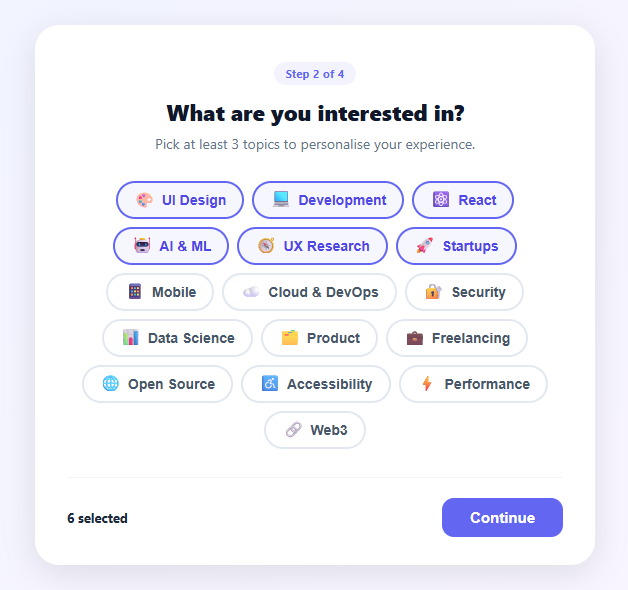 Screenshot of the Interest Selector snippet rendered live