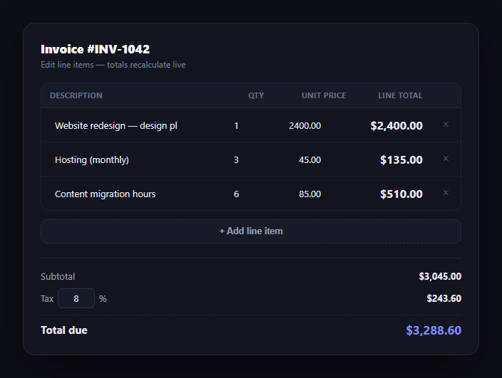 Screenshot of the Invoice Line Items Table snippet rendered live