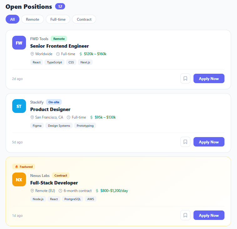 Screenshot of the Job Listing Card snippet rendered live
