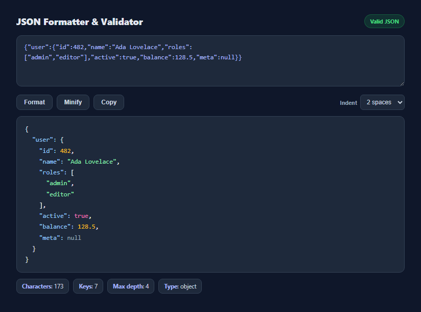 Screenshot of the JSON Formatter & Validator snippet rendered live