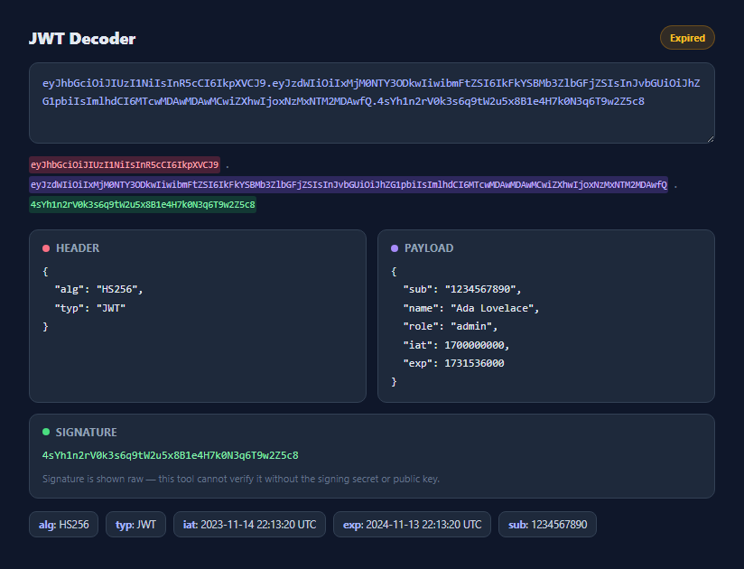 Screenshot of the JWT Decoder & Inspector snippet rendered live