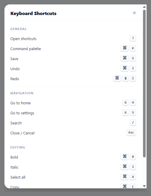 Screenshot of the Keyboard Shortcuts snippet rendered live