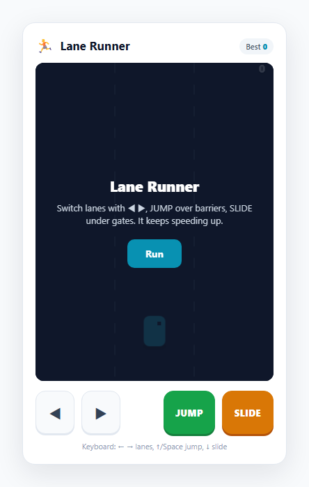 Screenshot of the Lane Runner Endless Game snippet rendered live