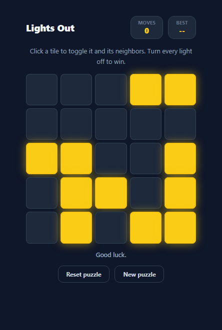 Screenshot of the Lights Out Puzzle Game snippet rendered live