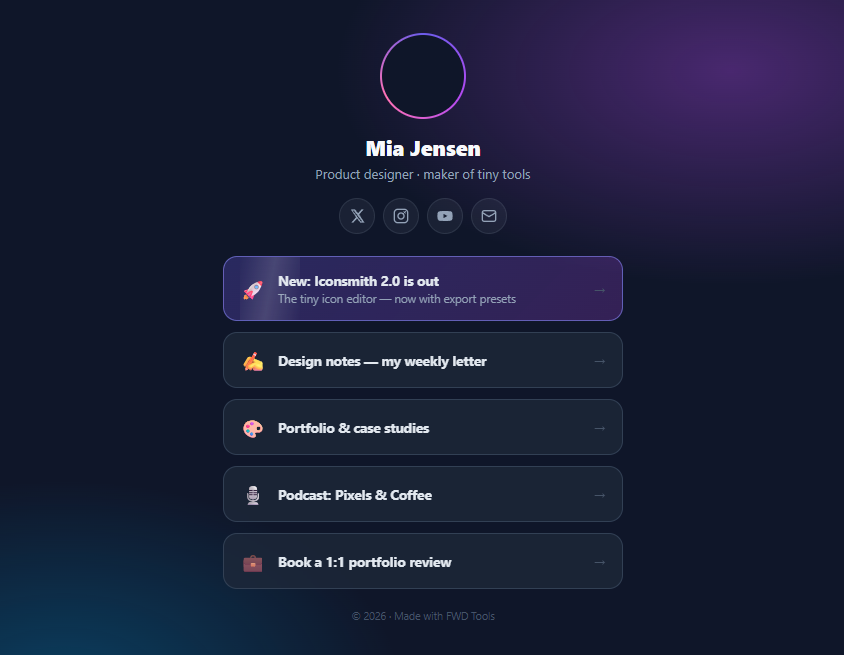 Screenshot of the Link in Bio Page snippet rendered live
