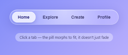 Screenshot of the Liquid Glass Navbar snippet rendered live
