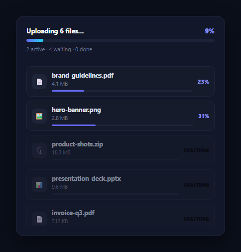 Screenshot of the Multi-File Upload Queue snippet rendered live