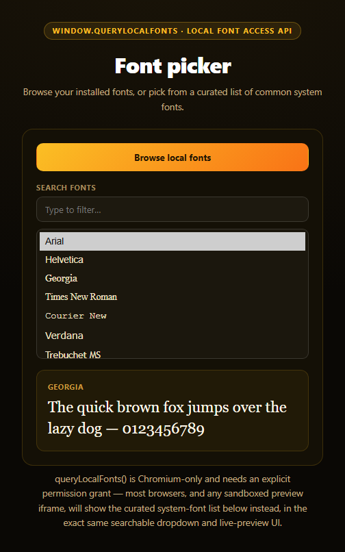 Screenshot of the Local Font Access Picker snippet rendered live