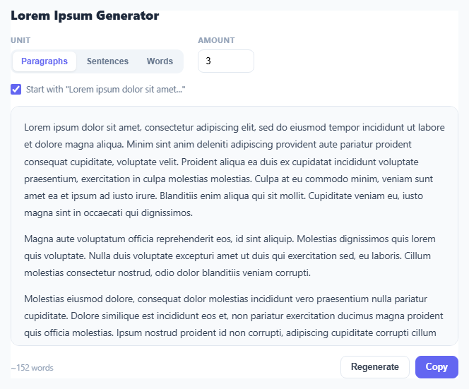 Screenshot of the Lorem Ipsum Generator snippet rendered live
