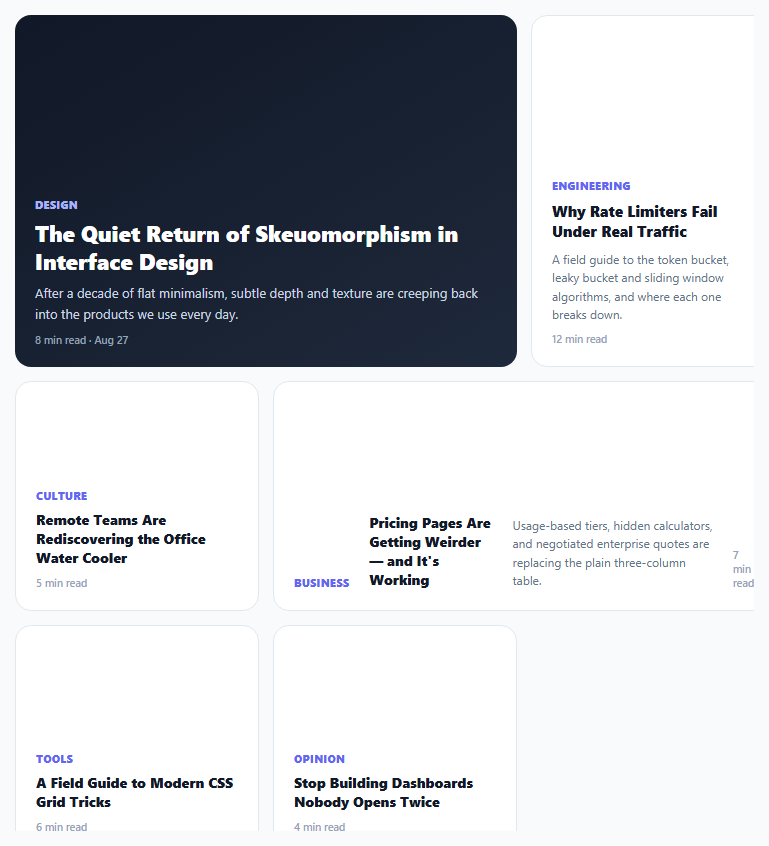 Screenshot of the Magazine Asymmetric Grid Layout snippet rendered live