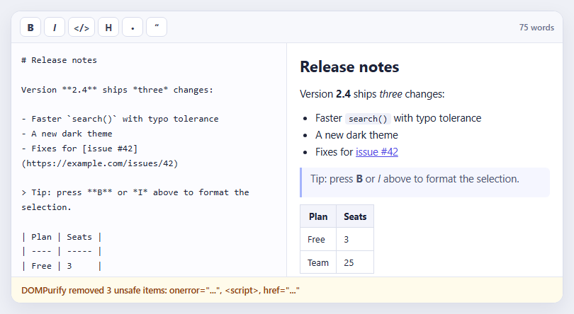 Marked + DOMPurify Live Markdown Preview