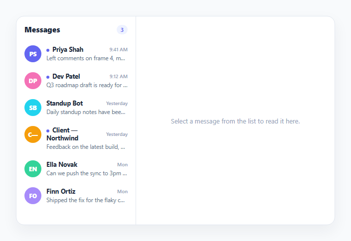 Screenshot of the Master-Detail Split Navigation snippet rendered live