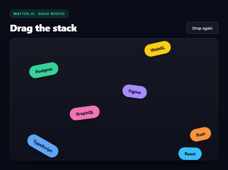 Screenshot of the Matter.js Falling Tags snippet rendered live