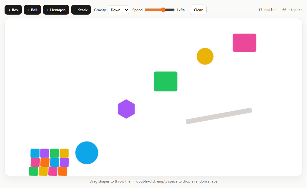 Screenshot of the Matter.js Drag-and-Throw Physics Playground snippet rendered live
