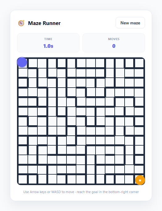 Screenshot of the Maze Runner Arrow-Key Game snippet rendered live
