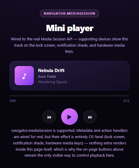 Screenshot of the Media Session API Controls snippet rendered live