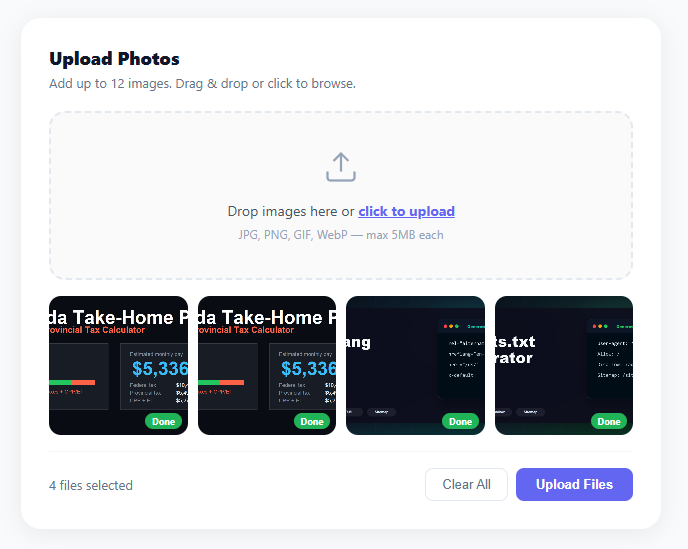Screenshot of the Media Upload Grid snippet rendered live