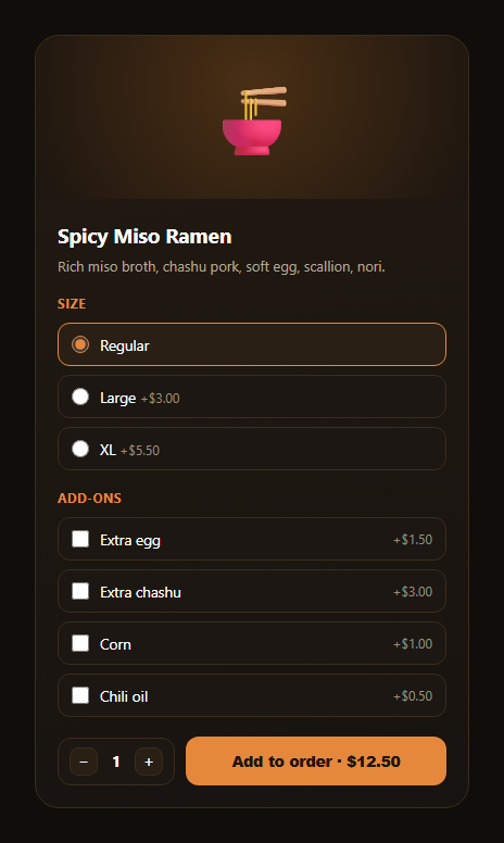 Screenshot of the Restaurant Menu Item Customizer snippet rendered live
