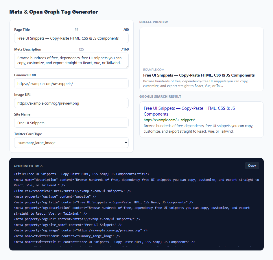 Screenshot of the Meta & Open Graph Tag Generator snippet rendered live