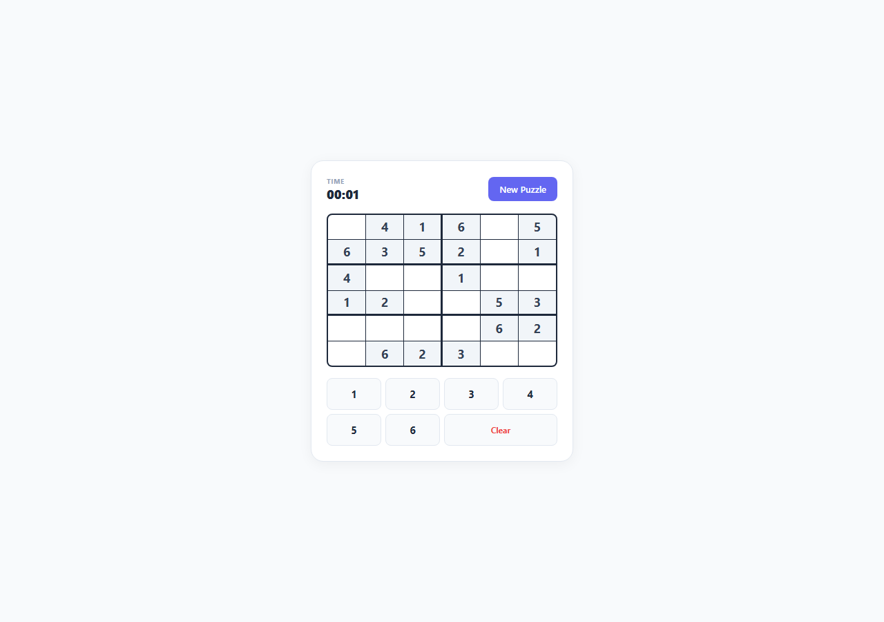 Screenshot of the Mini Sudoku Puzzle (6x6) snippet rendered live
