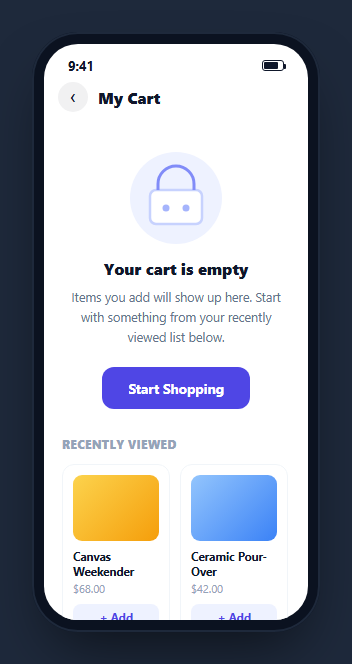 Screenshot of the Mobile Empty Cart Screen snippet rendered live